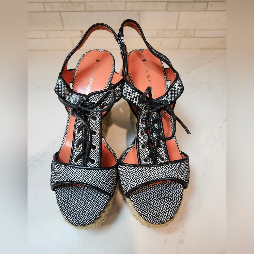 Via Spiga Black & White Lace Up Wedge Espadrilles Size 39